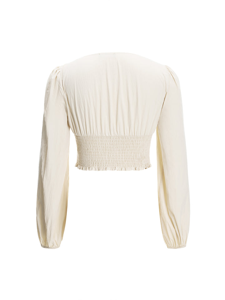 Elegante plissierte Shirred gegen Neck Puffärmel Blusen