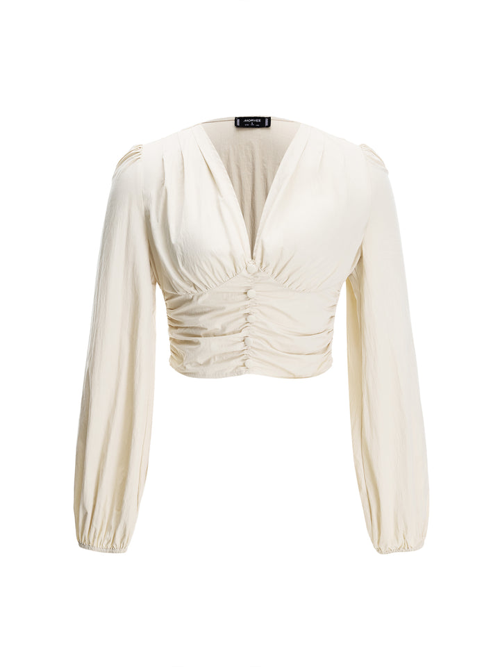Elegante plissierte Shirred gegen Neck Puffärmel Blusen