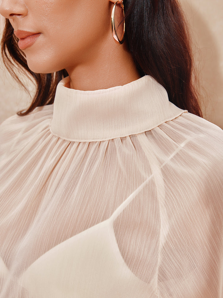 Chiffon Boho einfache Schicht Rüste hohe Nacken -Langarmbluse