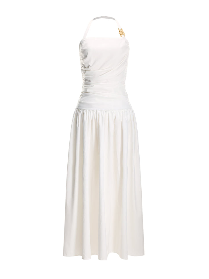 A Line Casual Asymmetrical Ruched Halter Long Women Dress