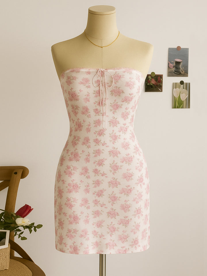 Bandeau Boho Tied Ditsy Floral Print Lace Trim Mini Women Dress