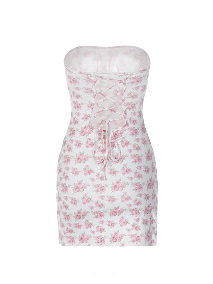 Bandeau Boho Tied Ditsy Floral Print Lace Trim Mini Women Dress