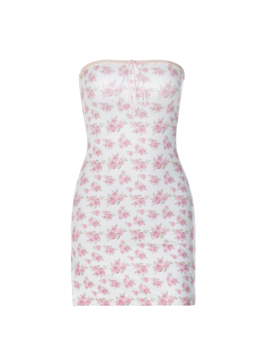 Bandeau Boho Tied Ditsy Floral Print Lace Trim Mini Women Dress