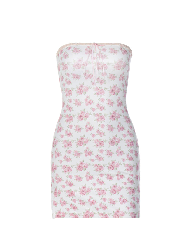 Bandeau Boho Tied Ditsy Floral Print Lace Trim Mini Women Dress