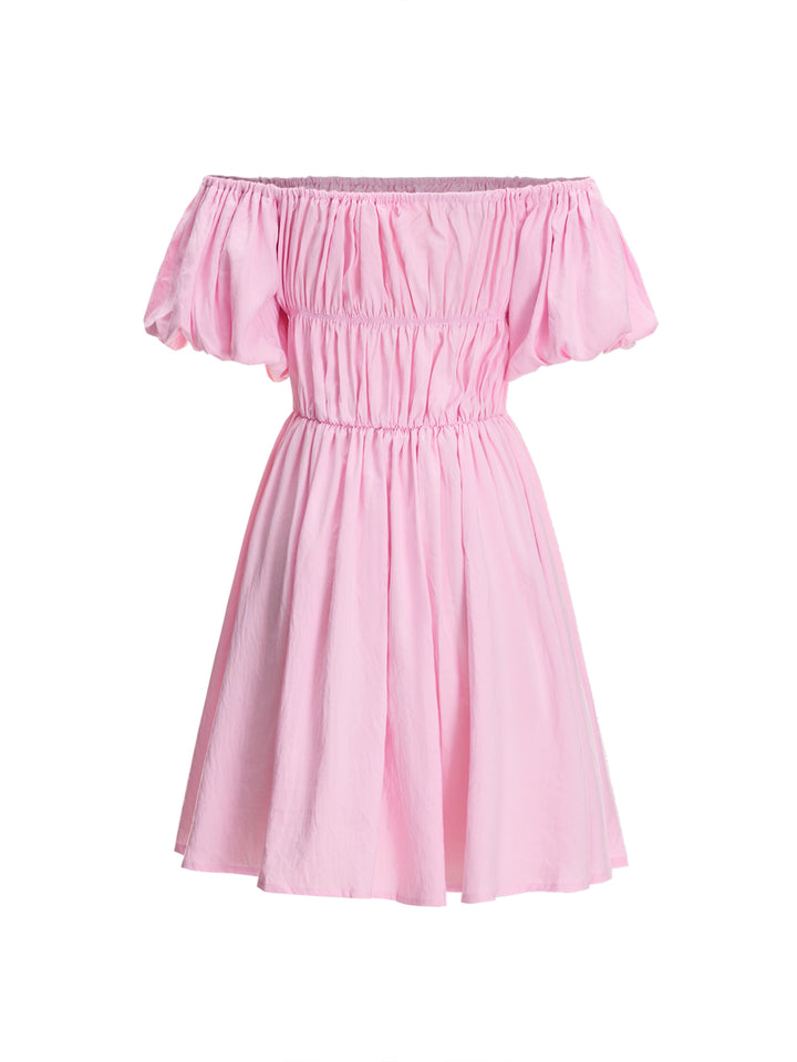 A Line Preppy Ruched Ruffle Off Shoulder Puff Sleeve Mini Women Dress