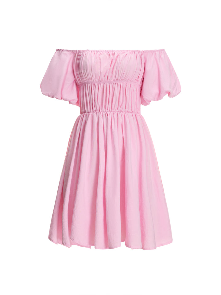 A Line Preppy Ruched Ruffle Off Shoulder Puff Sleeve Mini Women Dress