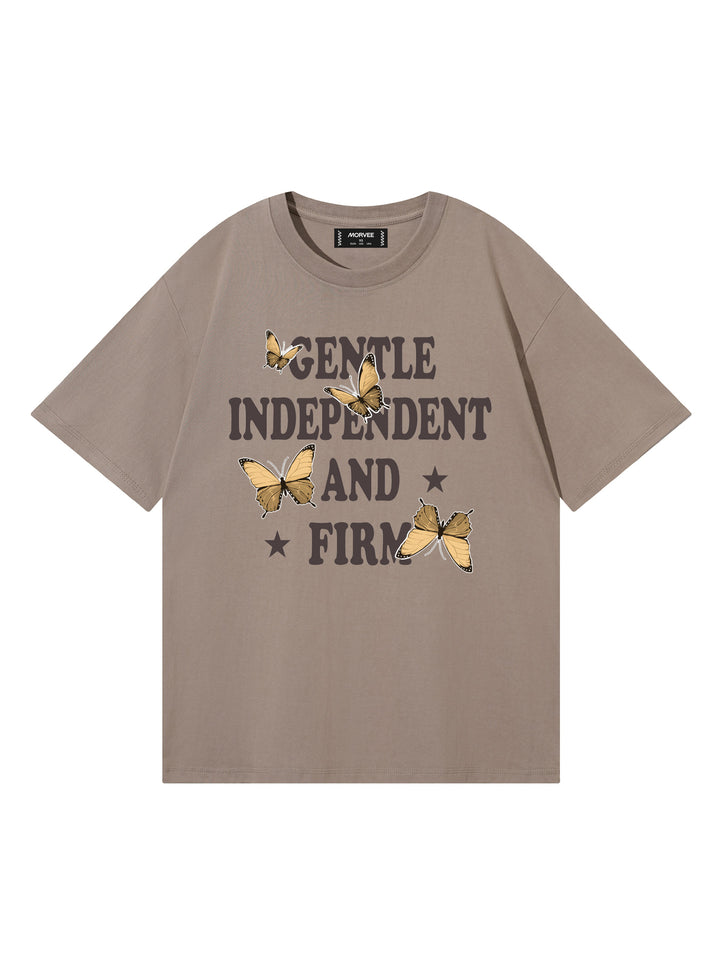 Casual Slogan/Butterfly/Cherry Bowling Grafiken gedruckt runden Hals kurzärärmische Baumwolle übergroße Khaki T -Shirt