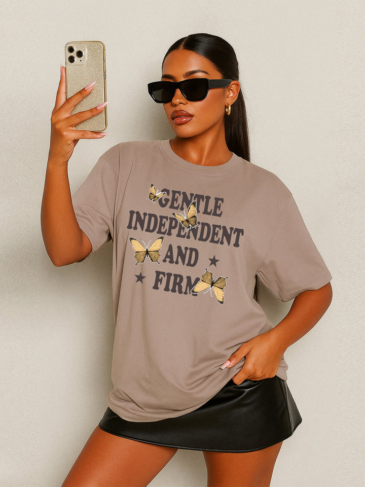 Casual Slogan/Butterfly/Cherry Bowling Grafiken gedruckt runden Hals kurzärärmische Baumwolle übergroße Khaki T -Shirt