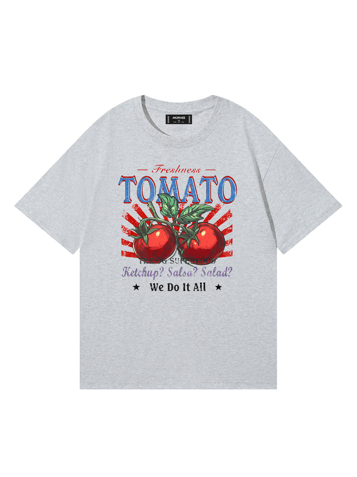 Leglische Tomaten/ Cowboy/ Fußball -Slogan/ Blumengrafik gedruckt runden Hals kurzärärmische Baumwolle übergroße graue T -Shirt