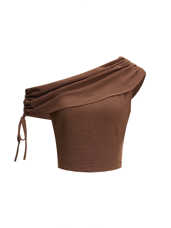 Boho Asymmetrical Shoulder Ruched Blouses With Drawstring Design