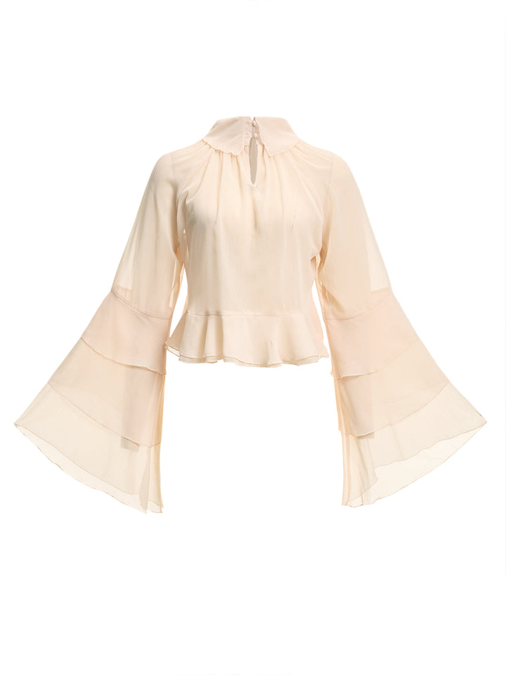 Chiffon Boho einfache Schicht Rüste hohe Nacken -Langarmbluse