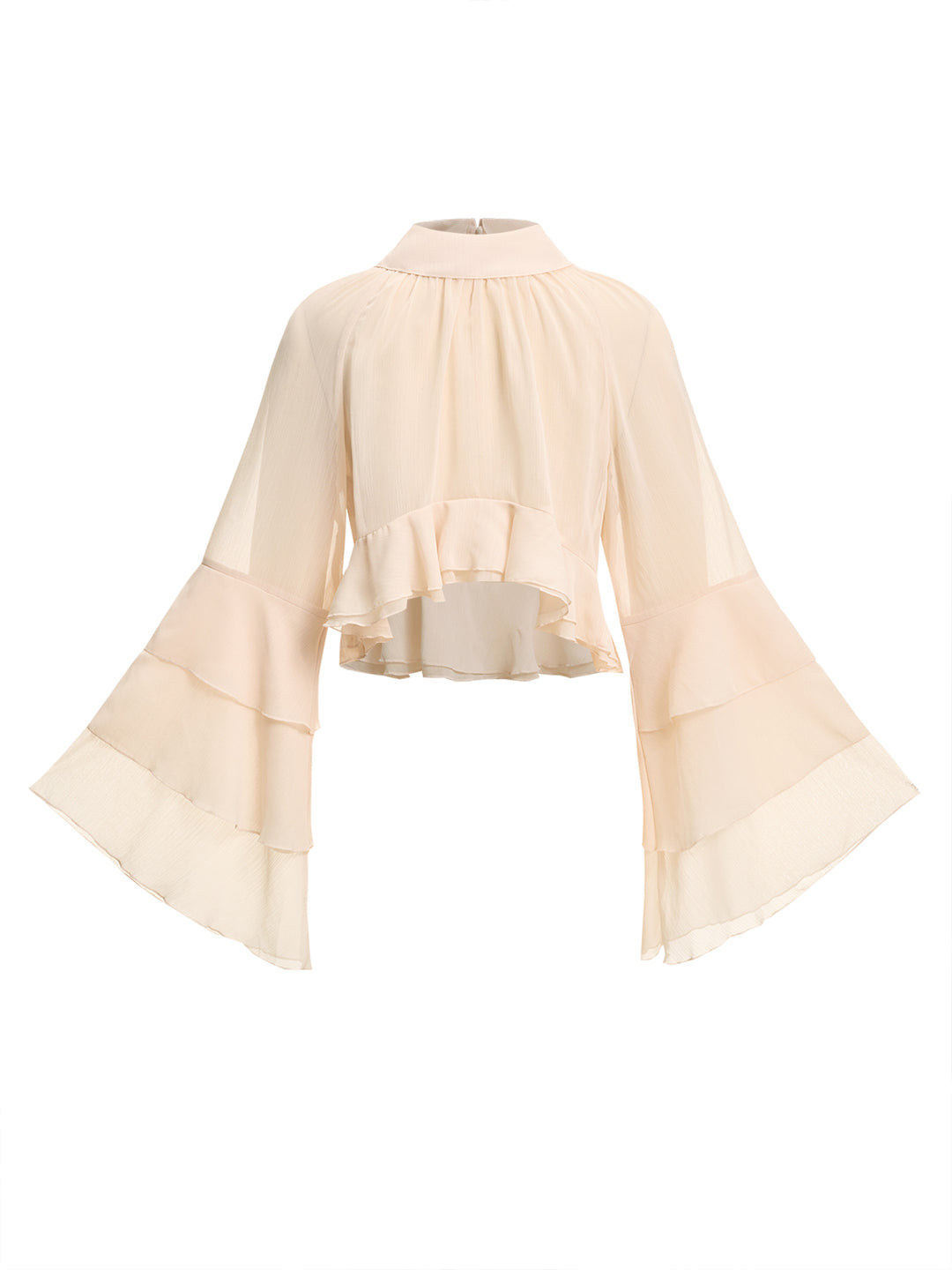 Chiffon Boho einfache Schicht Rüste hohe Nacken -Langarmbluse