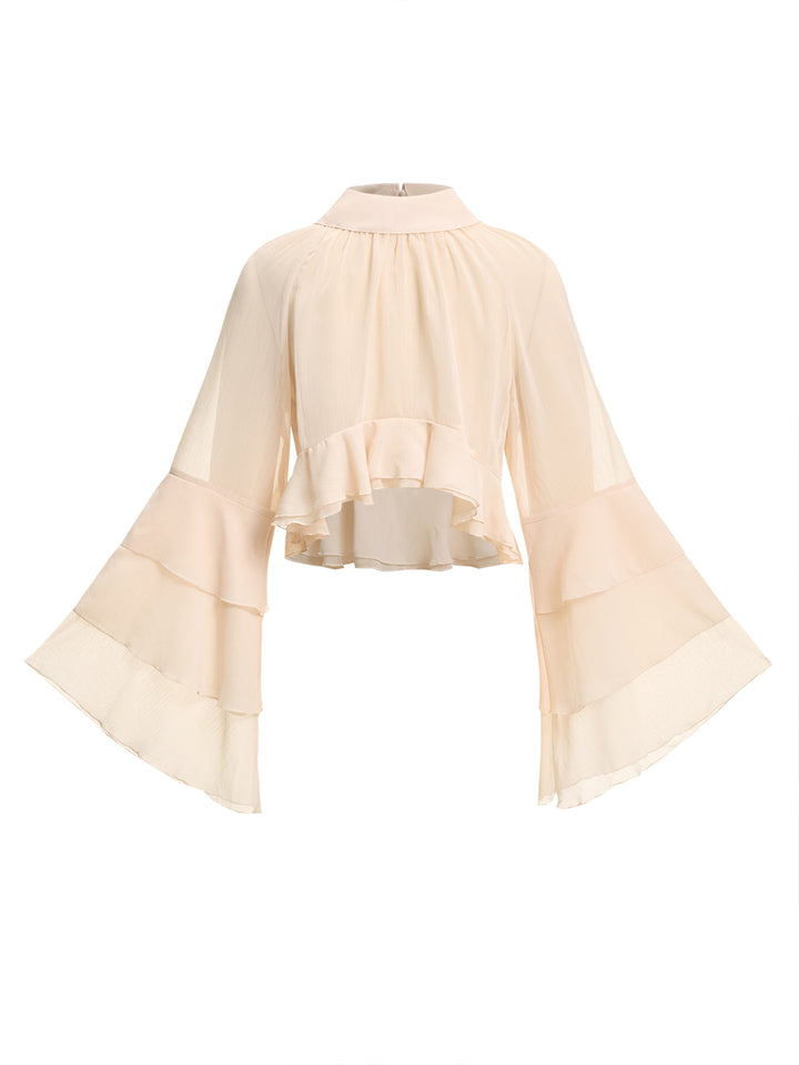Chiffon Boho einfache Schicht Rüste hohe Nacken -Langarmbluse