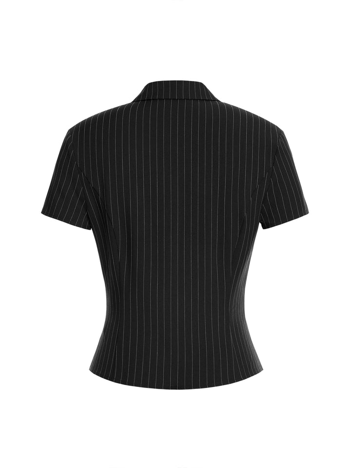 Casual Striped Button Pleated Pocket Short Sleeve Blouse