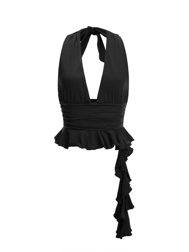 Flared Party Draped Ruffle Plunge Neck Crop Women Top