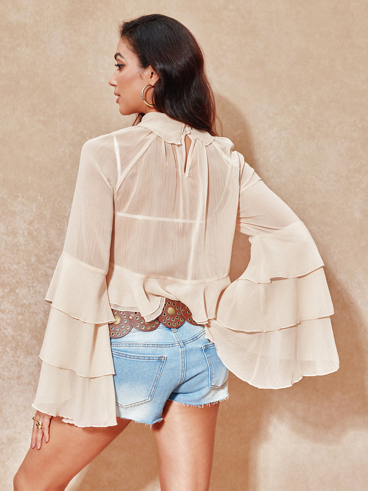 Chiffon Boho einfache Schicht Rüste hohe Nacken -Langarmbluse
