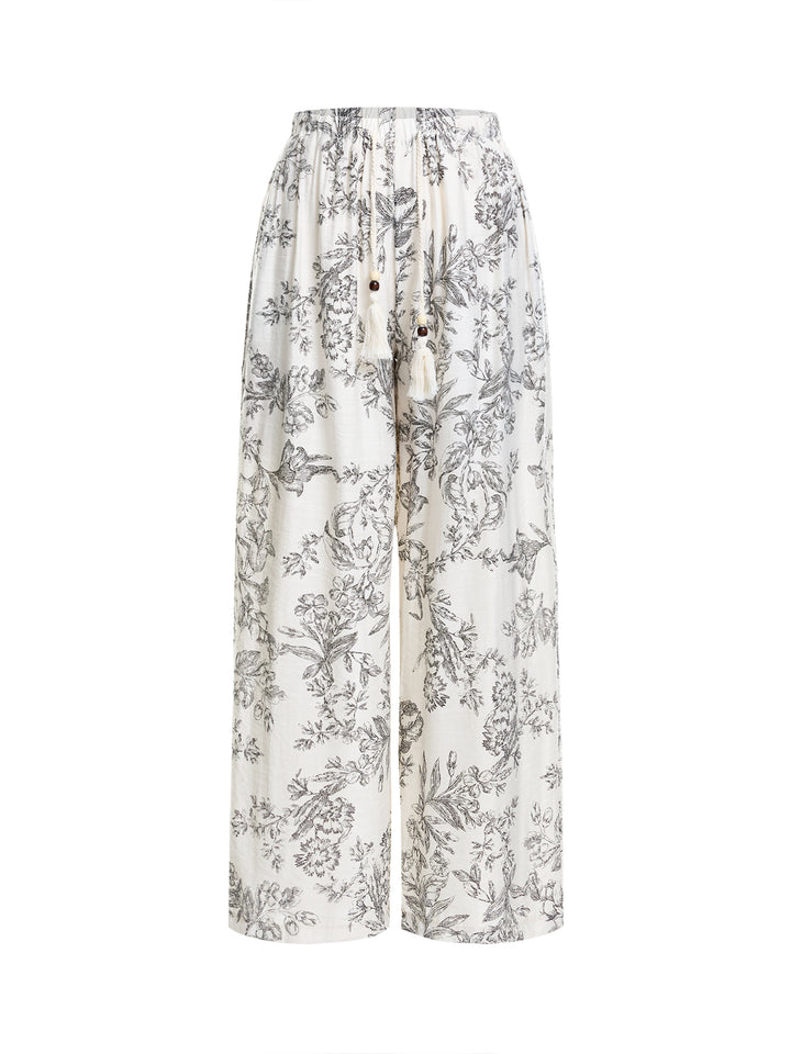 Weitbein Boho -Pflanzen Print Kordelstring Lange Frauenhosen