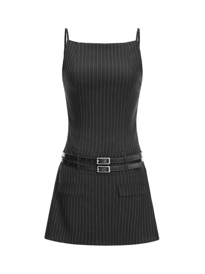 Preppy Striped Rückenless Gürteltasche Square Neck Mini Frauen Kleid